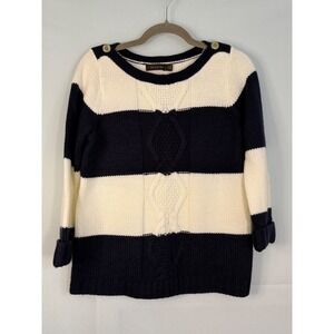 The Limited Sweater Womens Small Navy Blue Cream Striped Cable Knit Button S